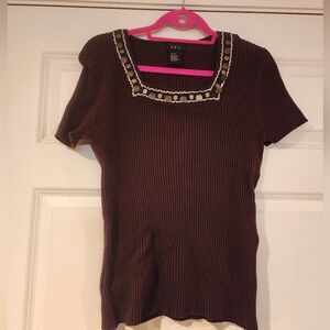R&L Brown Embellished Square Neck Ribbed Top
